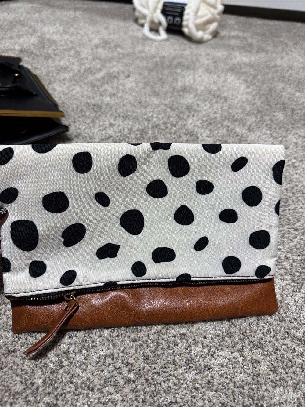 Black & White Polka Dot Fold-Over Clutch with Brown Trim